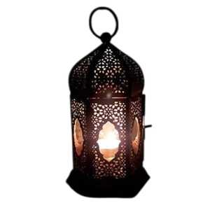 Hand Crafted Golden Lantern Hexagonal Shape Blue Glass Panel Ornate Geometric Frame Dome Top Hanging Ring <b>Candle</b> Warm Glow - Product Image 4