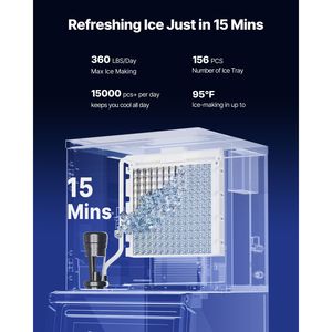 Attrezzatura di Refrigerazione per Cucine Commerciali, Macchina per Produzione Ghiaccio 360LBS/24H, Contenitore di Stoccaggio Grande 250LBS, Funzione di Autopulizia - Product Image 2