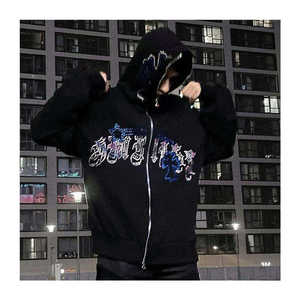 Blouson Streetwear Unisexe à Capuche Entièrement Zippé avec Croix Gothique en Strass, Noir Oversize, Cristaux Scintillants Argent et Bleu, 2026 HD - Product Image 1