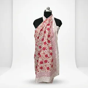 <b>Red</b> and White Hand Block Printed Cotton Fabric with Floral Vine Border for <b>Saree</b> Dressmaking Crafts and Home Decor Projects - Product Image 4