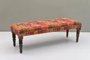 Vintage Style Kilim <b>Bench</b> Pouffe Handmade Turkish Patchwork Ottoman Handwoven Jute Rug Upholstered <b>Wooden</b> Entryway <b>Bench</b> Seat - Product Image 3