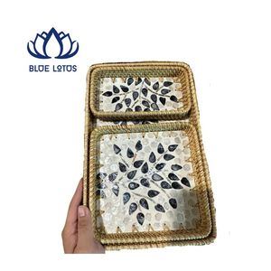 Bandeja de Mosaico de Ratán de Alta Calidad, Ecológica, Hecha a Mano, Cesta Redonda Decorativa de Mimbre para Servir - Product Image 1