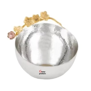 ชามสแตนเลสโลหะสีเงินสำหรับตกแต่งพร้อมดีไซน์ดอกไม้สีทองสำหรับร้านอาหารโรงแรมและบาร์ - Product Image 1