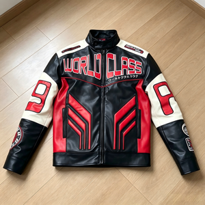 Blouson de moto OEM pour homme en similicuir imperméable, style course, personnalisable avec broderie, fermeture éclair intégrale, multiples patchs sur les manches, streetwear avant. - Product Image 5
