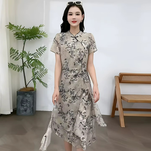Vestido de Mujer, Nuevo Estilo Chino de Verano, Estampado Floral de Tinta, Botones de Rana, Dobladillo en Capas, Vestido Midi, Vestido Elegante para Mujer - Product Image 4