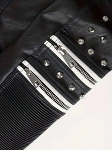 Veste de moto en cuir PU noir et blanc pour femme FIT2U WEARS, avec rivets, fermeture éclair métallique, plusieurs poches, style rock slim, respirante - Product Image 4