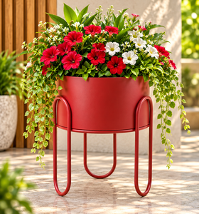 Pot de fleurs moderne en métal rouge avec support en fer sculpté, élégant porte-plantes d'intérieur pour salon, chambre, bureau, balcon - Product Image 1