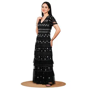 Wholesale Custom Black Tiered <b>Ruffle</b> Evening Gown Elegant Sequined Tulle Maxi <b>Dress</b> OEM Factory Supplier - Product Image 6