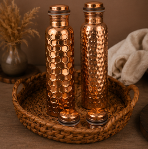Trio d'hydratation en cuivre pur, bouteilles martelées et à facettes, vaisselle de voyage portable au design traditionnel - Product Image 2