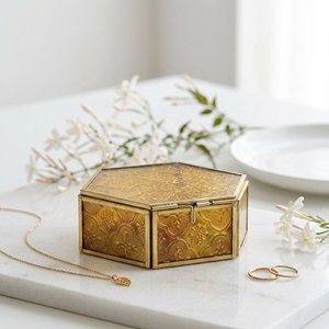 Manufacturers Gold Floral Glass Jewelry Organizer and <b>Storage</b> <b>Box</b> with Brass Frame for Home Decoration - Product Image 1