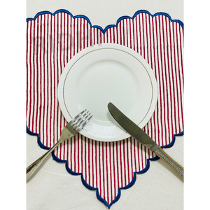 Red Stripe Placemats with Blue Embroidered Scalloped Edge Heart Shape Reusable Bulk Linen <b>Table</b> <b>Mats</b> for Hotel Weddings & Events - Product Image 5