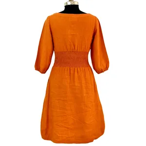 Women Rust Orange Cotton Linen Midi <b>Dress</b> Round Neck 3/4 Puff Sleeve Smocked Waist A Line Casual <b>Boho</b> <b>Dress</b> - Product Image 3