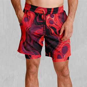 Men's Red Black <b>Abstract</b> <b>Print</b> Swim Shorts Quick Dry Drawstring Casual Board Shorts with Pockets - Product Image 1