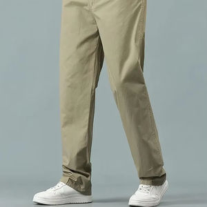 Pantalon décontracté droit 100 % coton pour homme, coupe large et ample, grande taille, pour le bureau ou le travail, fin, d'été, formel, avec braguette boutonnée - Product Image 1