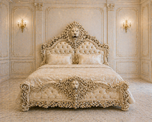 Ensemble de lit de luxe en teck sculpté avec visage de lion, mobilier de chambre à coucher haut de gamme blanc pour appartement avec tables de chevet - Product Image 2