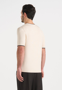 Camiseta de Manga Corta de Punto Crema para Hombre con Ribete en Contraste, Cuello Redondo, Corte Regular Informal, Color Sólido, Top de Algodón - Product Image 2