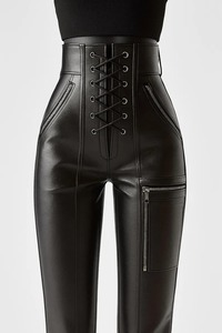 กางเกงหนังเอวสูงผูกเชือกสไตล์โมโตสุดเท่ - Product Image 1