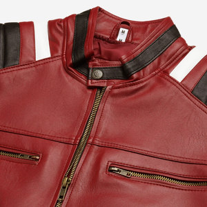 Men's <b>Red</b> PU Leather Moto <b>Jacket</b> Stand Collar Zipper Closure Regular Fit Solid Color Biker Style Autumn Wear - Product Image 5