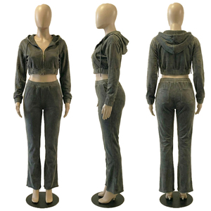 Custom Acid Wash Vintage Women <b>Cropped</b> <b>Zip</b> <b>Up</b> Hoodie Flare Pants Tracksuit Set Two Piece Gym Casual Jogging Sweatsuit Set - Product Image 2