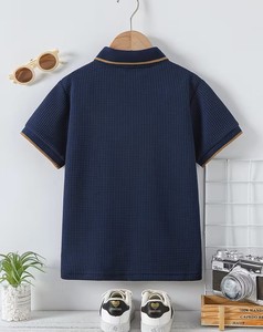 Boys Navy Waffle Knit Cotton Polo Shirt Short Sleeve Solid Color Breathable Casual Wear Quick Dry Eco-Friendly Embroidered Size - Product Image 2