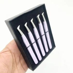 Ensemble de pinces à cils de précision, 5 pièces, acier inoxydable, pointe lisse, manche violet, emballage en boîte - Product Image 1