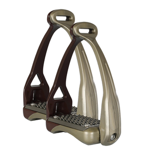 Étriers en aluminium avec finition marron et dorée pour l'équitation, équipement d'équitation durable. - Product Image 1
