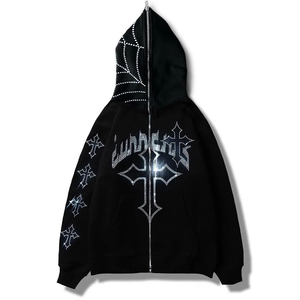 Sweat-shirt à capuche unisexe surdimensionné avec fermeture éclair et strass, style gothique streetwear, en coton épais personnalisé pour hommes et femmes - Product Image 1