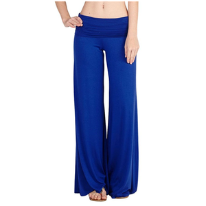 Pantalon palazzo long à jambes larges et taille haute en tissu extensible uni pour femmes - Product Image 1