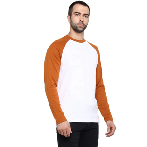 T-shirt à manches longues raglan blanc et orange pour homme, col rond, coupe décontractée, couleur unie, 100 % coton tricoté, design vierge - Product Image 2
