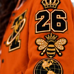 Bright Orange Womens Varsity Bomber Jacket Embroidered Patch Baseball Style <b>Long</b> Sleeve Streetwear Casual College Outerwear <b>Coat</b> - Product Image 5