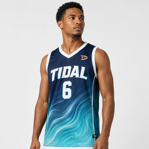 Tidal Basketball Jersey Men's Sleeveless V-Neck Tank Top Sublimated Moisture Wicking 100% Polyester <b>Athletic</b> Fit - Product Image 1