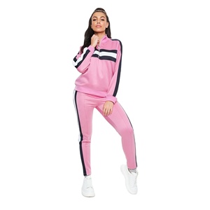 Women <b>Pink</b> Striped <b>Tracksuit</b> Set Full Sleeve Quarter-Zip Sporty Casual Wear With Side Pockets Regular Fit Autumn Season - Product Image 1