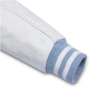 Light Blue Wool Body White <b>Leather</b> Sleeve Stand Hooded Waterproof Men's Varsity Baseball <b>Jacket</b> OEM Custom Zipper Breathable - Product Image 2