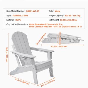 Ensemble de 2 chaises Adirondack pliantes portables toutes saisons avec porte-gobelets pour foyer extérieur, chaises en plastique pour mobilier de patio - Product Image 3