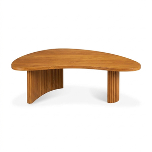 Table de salle à manger scandinave moderne en teck massif rainuré, forme de rein, mobilier de luxe organique haut de gamme pour la maison, non pliable - Product Image 1