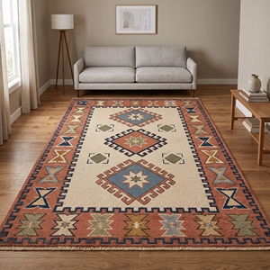 Tapis d'intérieur bohème géométrique en laine/coton à poils ras, résistant à l'huile, avec franges, pour chambre, salon, décoration intérieure, grand format - Product Image 6