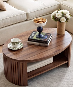 Modern <b>Wood</b> Coffee <b>Table</b> With Storage Shelf Midcentury Design Living Room Furniture Oval Shape <b>Solid</b> <b>Wood</b> <b>Top</b> - Product Image 1