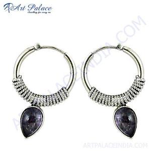 Designer Amethyst Gemstone <b>Silver</b> <b>Hoop</b> Earrings - Product Image 1