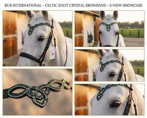 Accesorios de cuero personalizados al por mayor para cabezadas de caballo: Diadema de lujo con nudo celta ondulado, cristales verdes y blancos, y pedrería. - Product Image 5