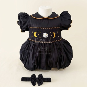 Casalia Baby Girls Halloween Black Embroidered Puff Sleeve Dress Peter Pan Collar A-Line <b>Mini</b> Satin Smock Autumn Cute Style - Product Image 1