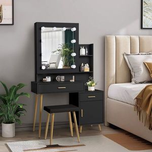 Modern <b>Dressing</b> Table Set 2 Drawers 1 Door 2 Shelves Mirror Cabinet 3 Light Bulbs Black-Triamine Veneer Particleboard Bedroom - Product Image 1