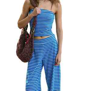 Ensemble coordonné rayé pour femme, best-seller, haute qualité, haut tube et pantalon large, coupe décontractée, 100% coton. - Product Image 3