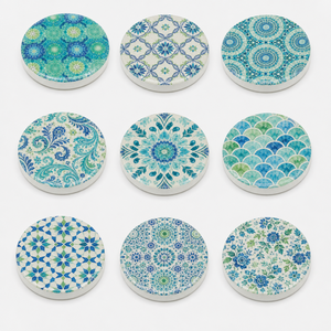 Juego de Posavasos Redondos de Mármol Hechos a Mano, Personalizados al por Mayor, con Estampado Floral Mandala en Azul y Verde Azulado, Posavasos de Piedra Natural para el Hogar - Product Image 2