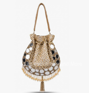 Bolso Potli de Lujo con Cuentas y Cadenas para Mujer |   Bolso de mano de noche de moda casual para boda con trabajo de perlas y espejos - Product Image 1