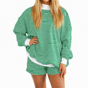 Blue Striped Oversized <b>Mock</b> <b>Neck</b> Sweatshirt Casual Long Sleeve Pullover Women Streetwear Cotton Fleece Wholesale Apparel - Product Image 5