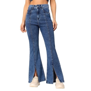 Jean bootcut taille haute pour femme, délavage foncé, avec détail de panneau fendu à carreaux - Product Image 1