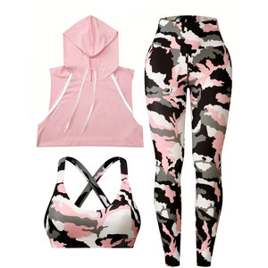 Athletic 3pcs Set Hooded T Shirt And Tight Yoga Outfit Women High Waist Butt Lifting <b>Leggings</b> Set In Unique Style - Product Image 4