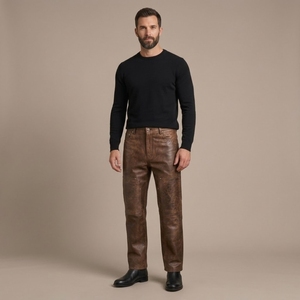 Custom Men's Genuine Leather Work Pants Vintage Brown Straight Fit Cowhide Carpenter Trousers Heavy Duty Casual Leather Pants - Product Image 3