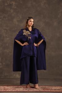 Midi Kaftan Top with Pant Breathable Embroidered Crepe Viscose Flared Hem Natural Waist Casual Style - Product Image 1
