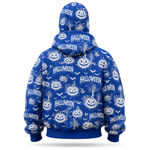 Sweat à capuche unisexe tendance avec masque intégré, motif citrouille d'Halloween bleu, fermeture éclair intégrale, coupe oversize, vente en gros - Product Image 3